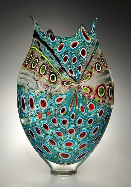 "Lime, Ruby & Aqua Foglio" Art Glass Vessel