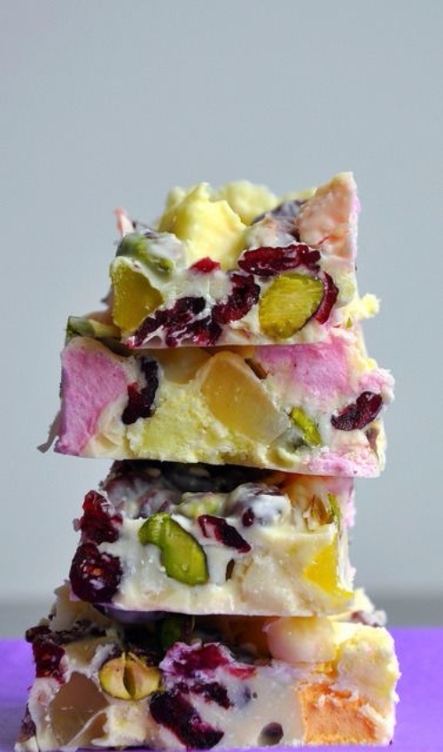 White Chocolate Rocky Road with Marshmallows, Pistachios, Macadamias and Cranberries