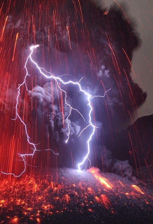 Lightning through a Volcanic Eruption