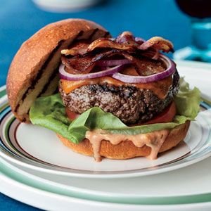 Cheddar BLT Burgers with Tarragon Russian Dressing