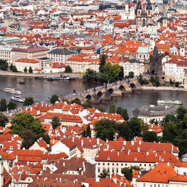 Charles Bridge, Praha, Petřín Lookout Tower, red, residential area,