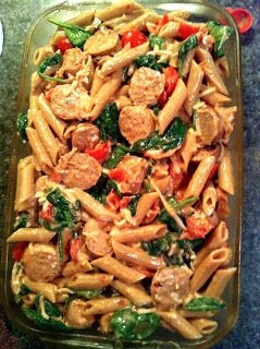 Light Pasta Bake with Chicken Sausage, Mozzarella, Spinach and Tomatoes