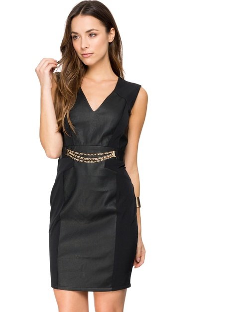 PU & Ponte Dress with Chain