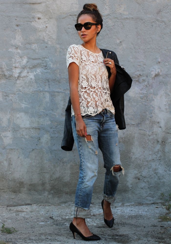 Lace Top with Distressed Jeans