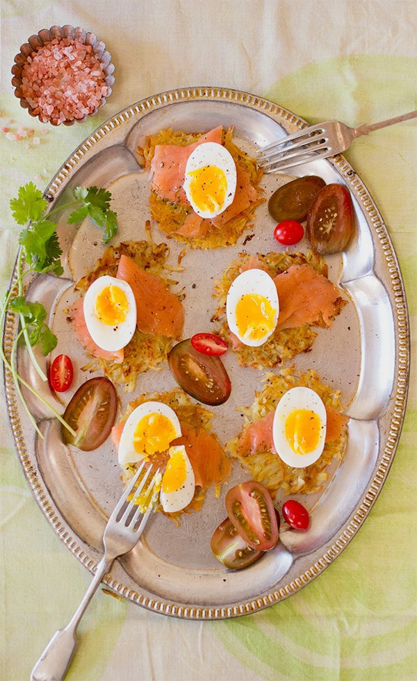 Potato Rosti with Smoked Salmon and Boiled Egg