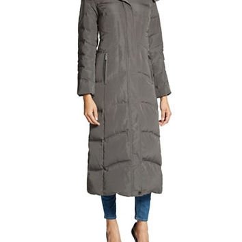 Jones New York Long Hooded Puffer Coat with Faux Fur Trim