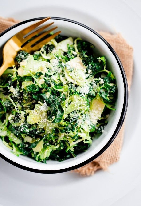 Shaved Broccoli, Brussels Sprouts, and Kale Salad with Truffle Parmesan Dressing