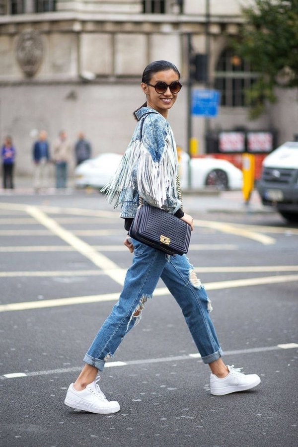 A Denim Fringe Jacket with Distressed Jeans