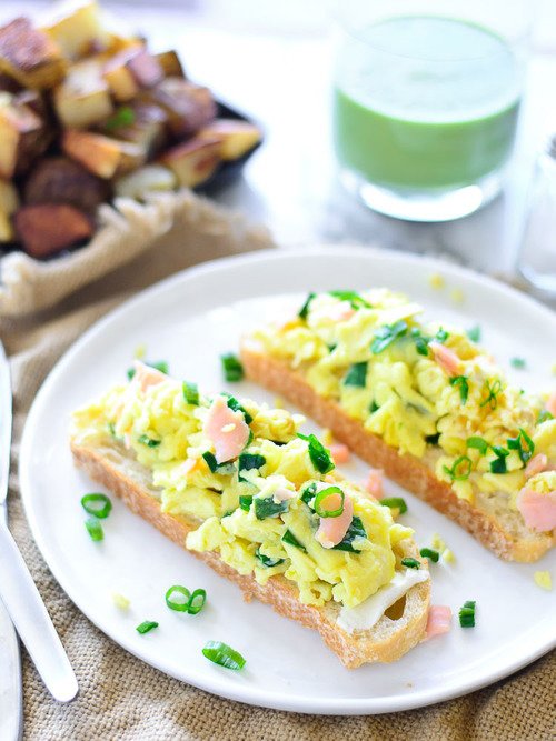 Scrambled Eggs on Top of Crispy Toast