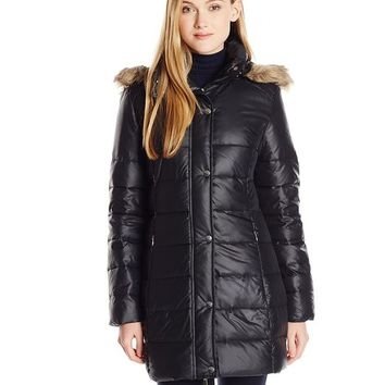 Big Chill Women's Mid-Length Puffer Coat with Faux Fur-Trimmed Hood