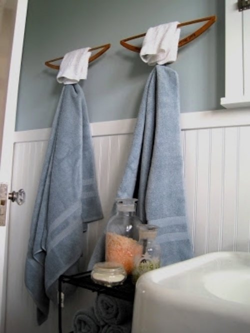 Old Wooden Hangers as Towel Bars