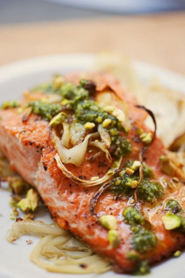 Wild Alaskan Salmon with Pistachio Pesto and Roasted Fennel