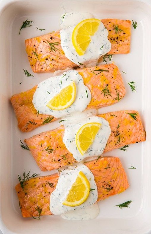 Baked Lemon Salmon with Creamy Dill Sauce