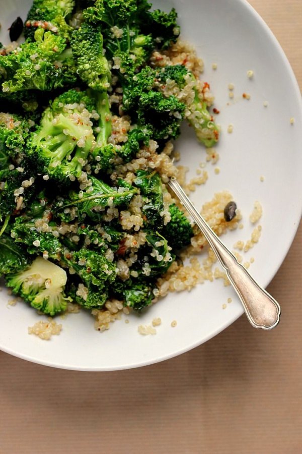 Warm Kale, Quinoa Broccoli Salad with Cider Mustard Dressing