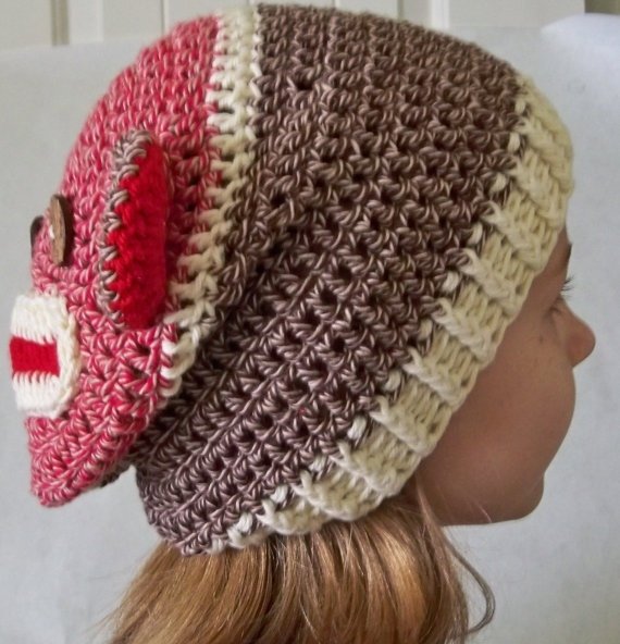 Crocheted Sock Monkey Slouchy Beanie