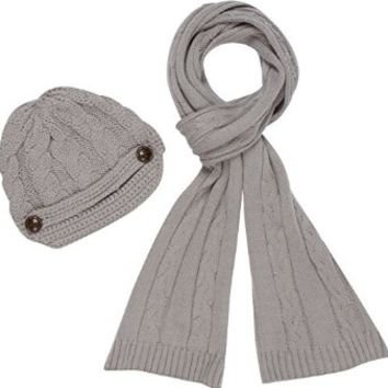 Sakkas Women’s 2-piece Cable Knitted Visor Beanie Scarf and Hat Set with Button