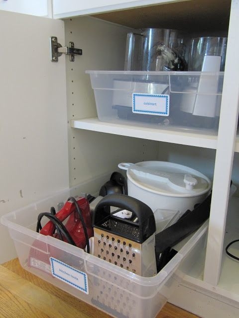 Pretend Kitchen Cabinet Pull Outs Using Large Plastic Storage Tubs