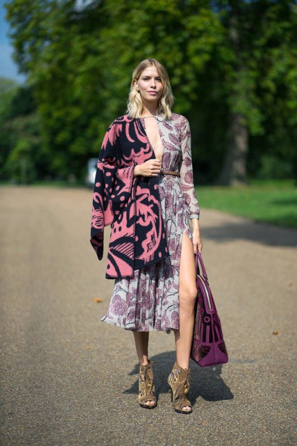 Wear a Printed Shawl over a Feminine Dress