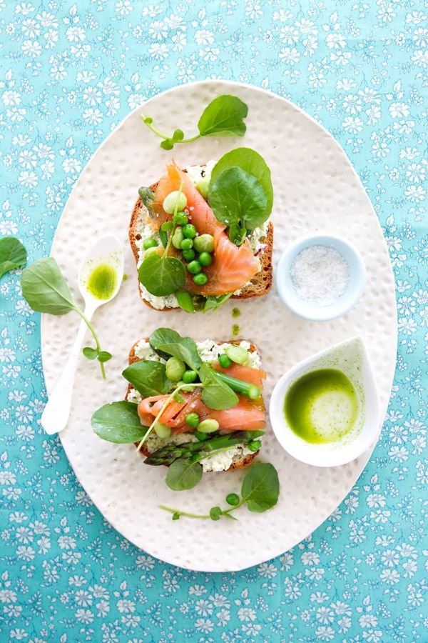 Tartine with Spring Vegetables, Smoked Salmon and Basil Oil