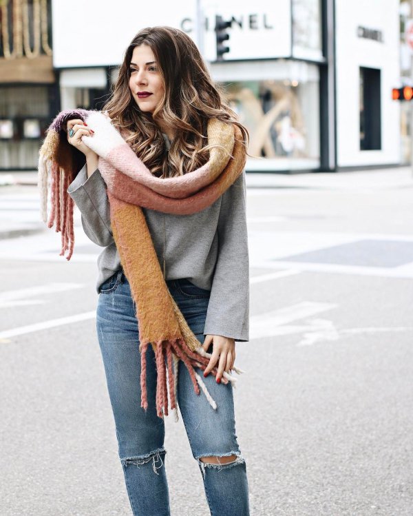 clothing, jeans, fashion model, scarf, fur,