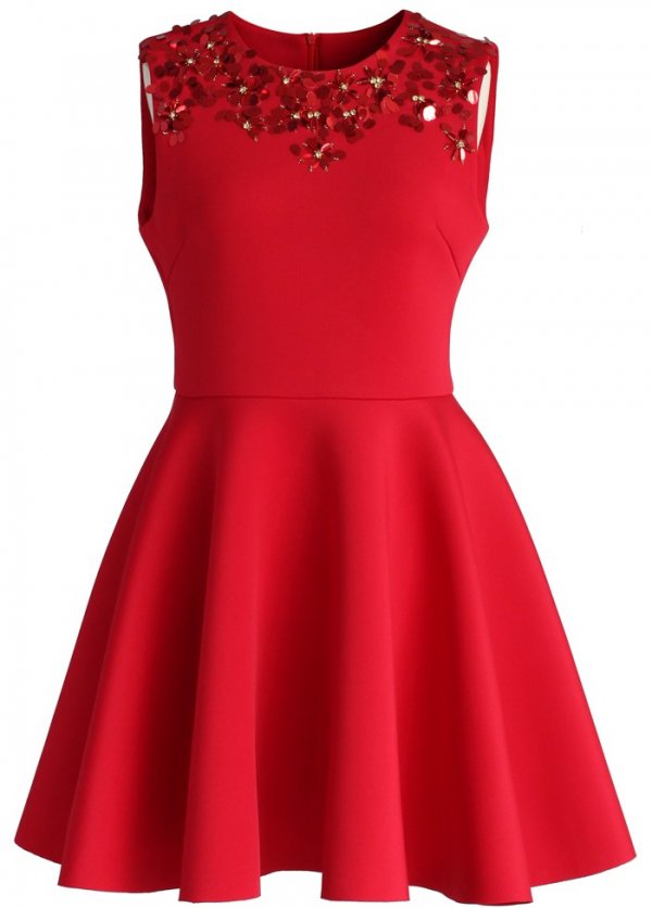 Enchanting Red Embellished Skater Dress