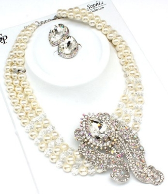 Filigree and Crystals Bib Necklace and Earrings