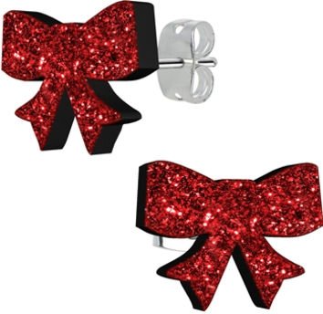 Ruby Red Glitter Ribbon Stud Earrings