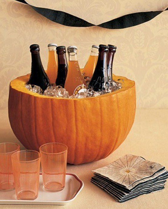 Halved Pumpkin, Bowl, Ice and Beer = Perfect Cooler!