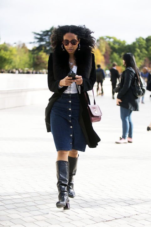 Button-front Denim Skirt and a Long Cardigan