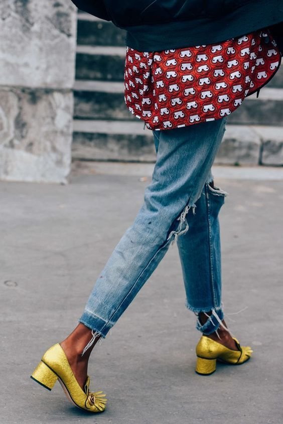 Jeans, Blue, Footwear, Street fashion, Yellow,