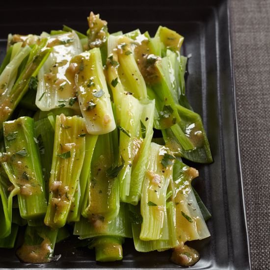 Steamed Leeks with Mustard-Shallot Vinaigrette