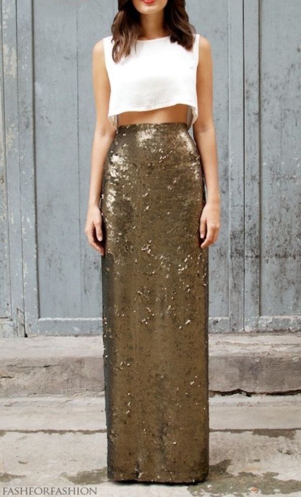 Maxi Gold Skirt and White Crop Top