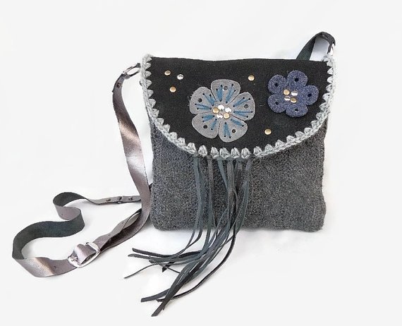 Grey Wool Leather Purse, Winter Crossbody Bag