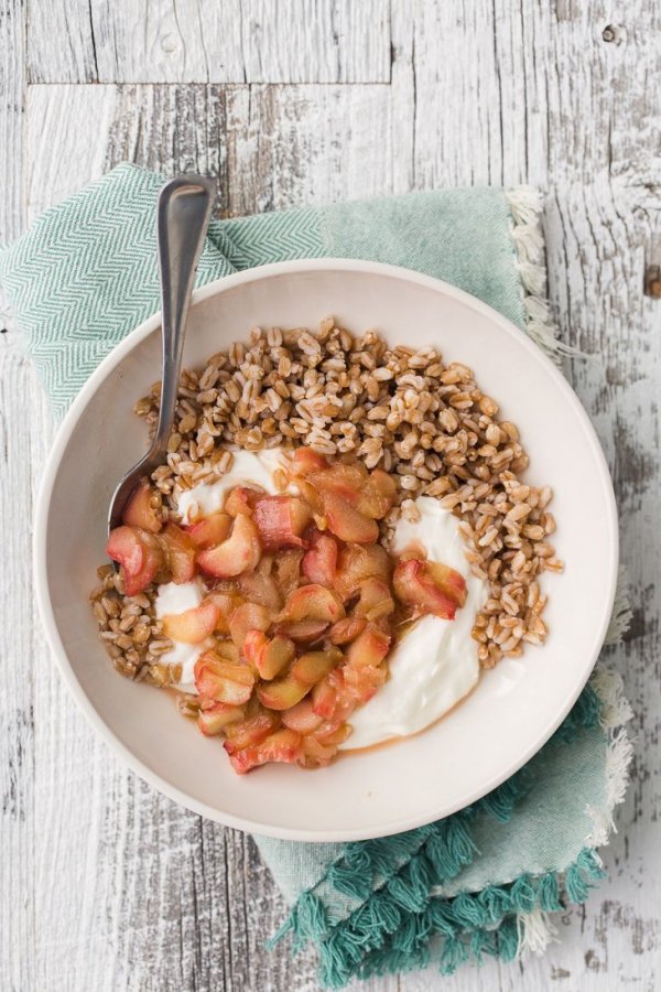 Breakfast Bowl with Cook Farro, Yogurt, and a Tangy Roasted Maple Rhubarb