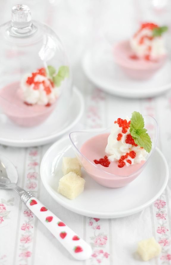 Chilled Strawberry Bisque with Grenadine "Caviar" and Vanilla Pound Cake "Croutons"