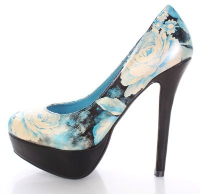 Blue Floral Faux Leather Closed Toe Platform Pump Heels