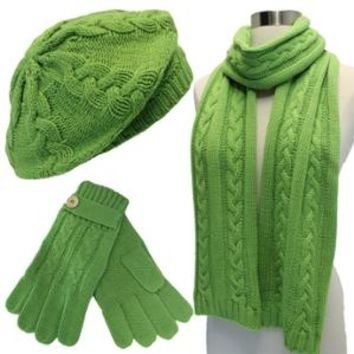 Luxury Divas Lime Green Cable Knit Beret Hat Scarf & Glove Set