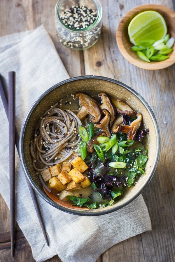 Miso & Soba Noodle Soup with Roasted Sriracha Tofu and Shiitake Mushrooms