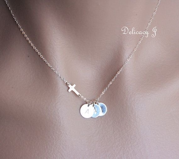 Personalized Cross Necklace with THREE Initial Discs