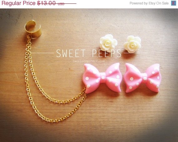 Pink Polka Dot and White Rose Flower Stud Gold Ear Cuff Set