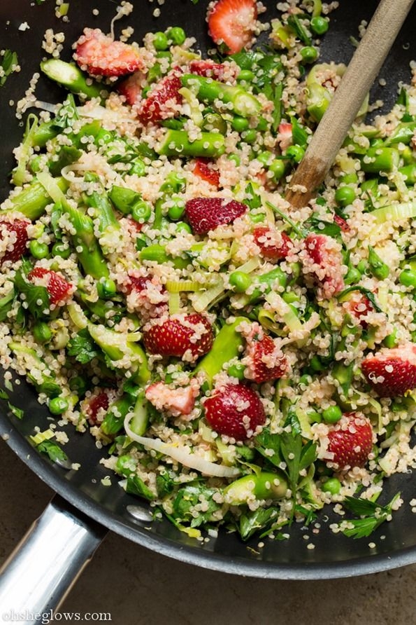 Warm Spring Salad with Quinoa, Garlic, Asparagus, Strawberries, and Peas