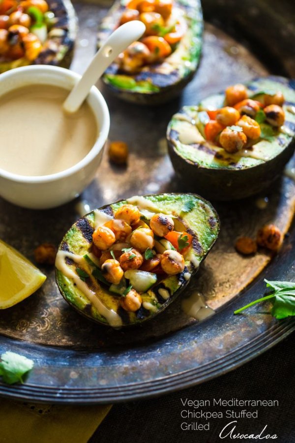 Vegan Mediterranean Chickpea Stuffed Grilled Avocado