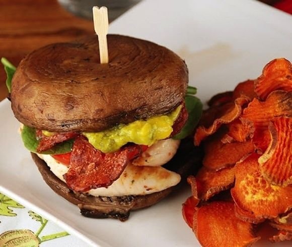 Portobello Mushroom Sandwich Stack with Bacon, Chicken and Guacamole