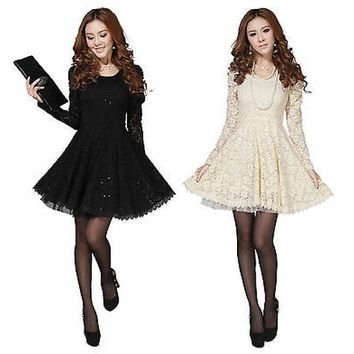 Fengbay Women's Long Sleeve Spoon Neck Lace Party Mini Dress