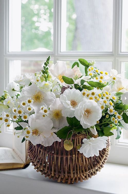 White Flowers in a Rattan Basket