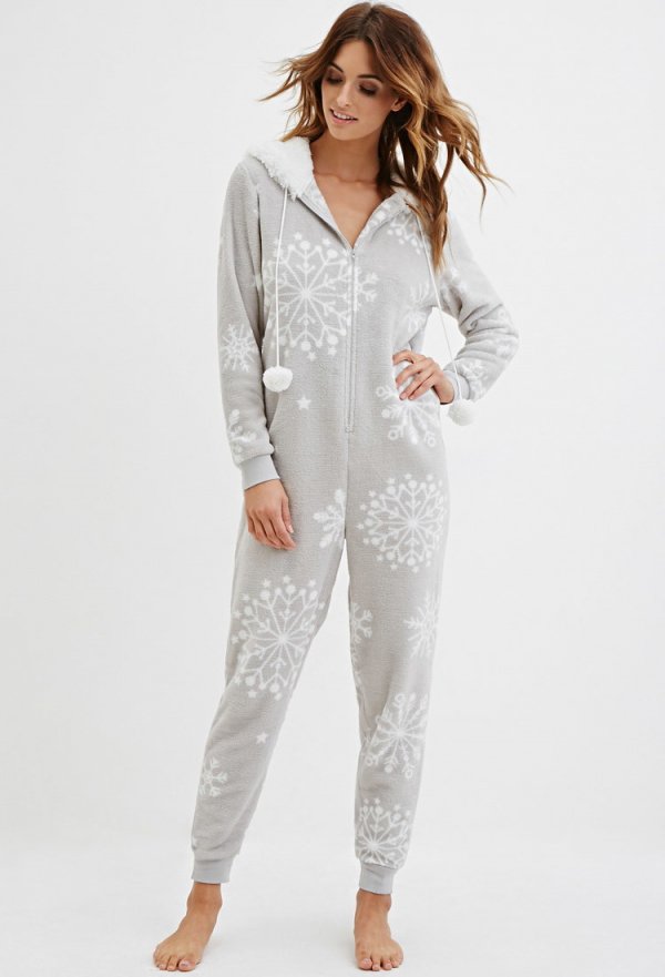 Hooded Snowflake Plush PJ Jumpsuit