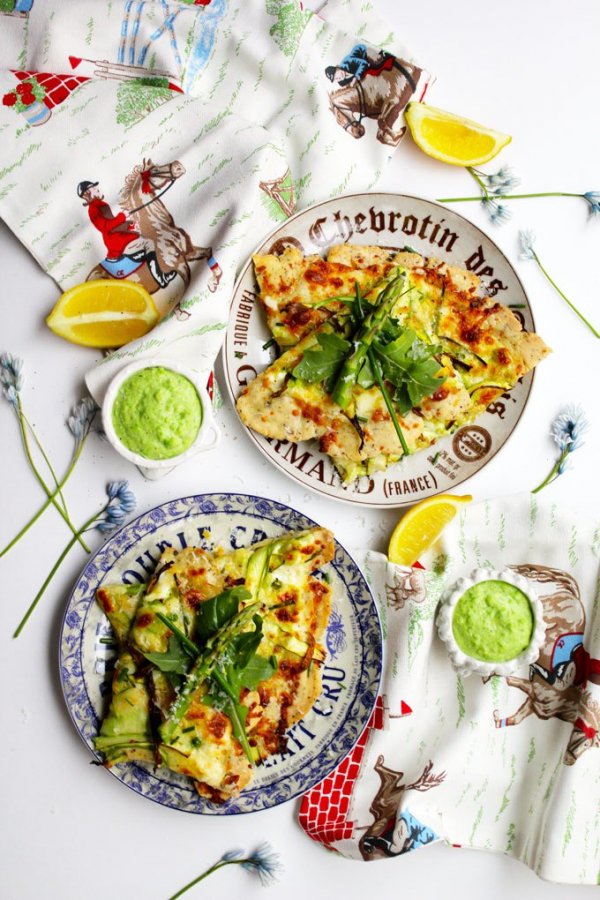 Asparagus Alfredo Pizza with Peas & Arugula