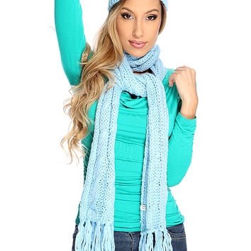 Sky Blue Rhinestone Beanie Fringe Scarf Set