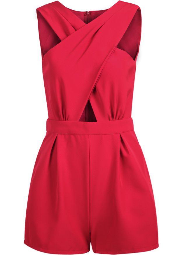 Red Sleeveless Cross Hollow Playsuit