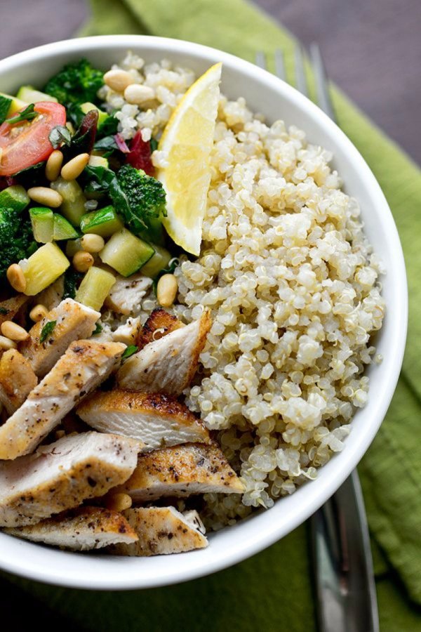 Seared Chicken, Zucchini, Broccoli, Leafy Greens, and Quinoa